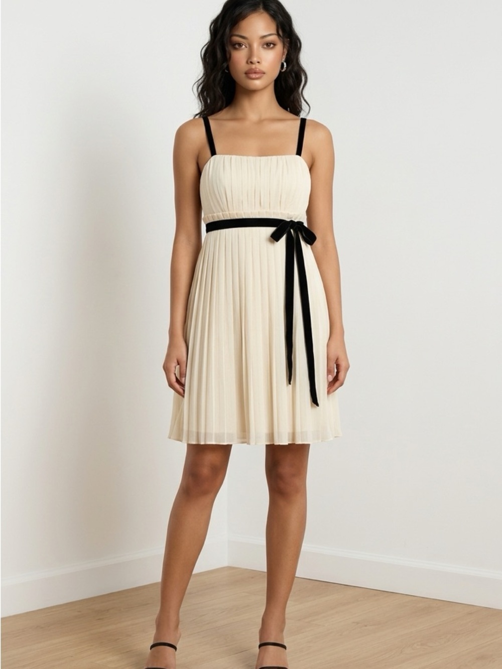 NEXT Cream Pleated A-Line Dress Black Velvet Straps Size 14 NWT Elegant Midi